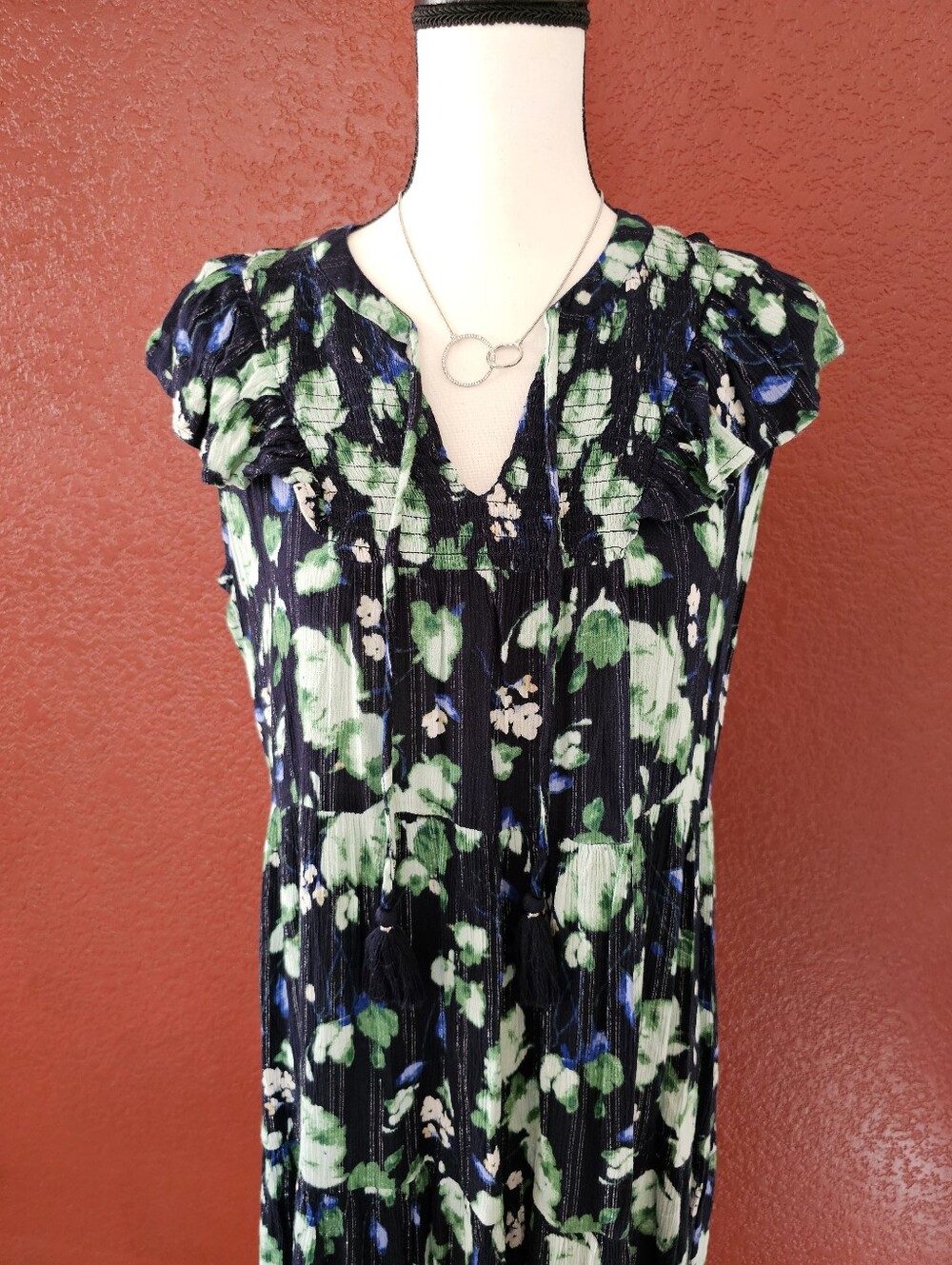 Style & Co. Navy Floral V-Neck Midi Dress with Green Accents - Picture 6 of 11